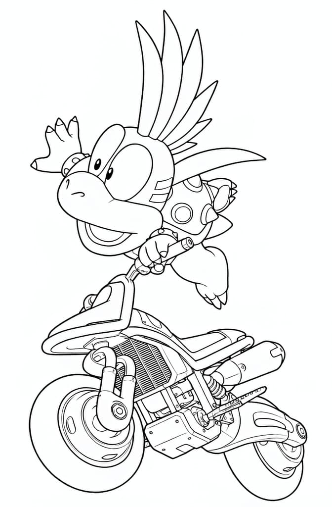 Lemmy auf dem Motorrad – kostenlose Mario Kart Malvorlage zum Ausdrucken