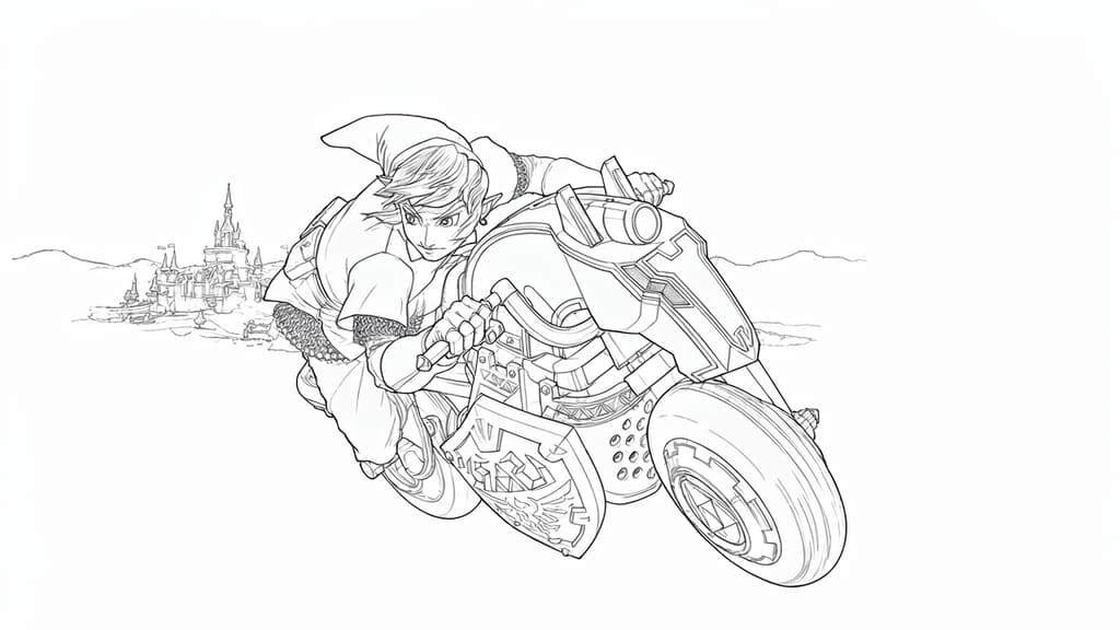 Link auf dem Master Cycle – kostenlose Mario Kart Malvorlage zum Ausdrucken