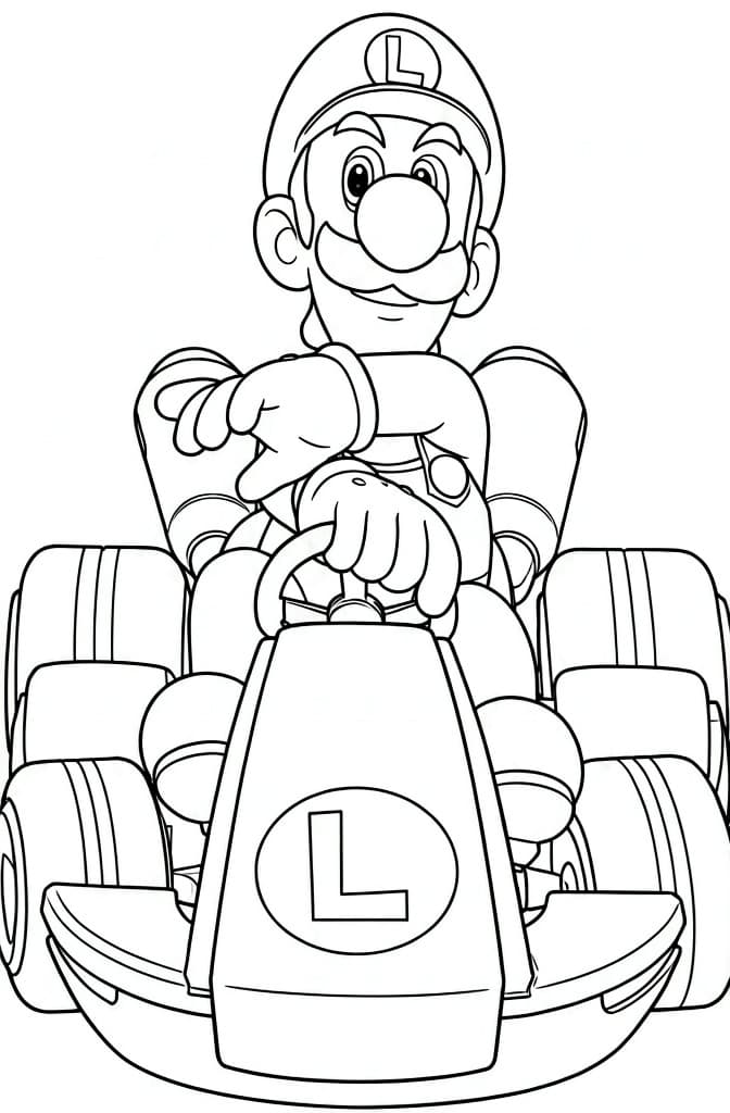 Luigi im grünen Kart – kostenlose Mario Kart Malvorlage zum Ausdrucken