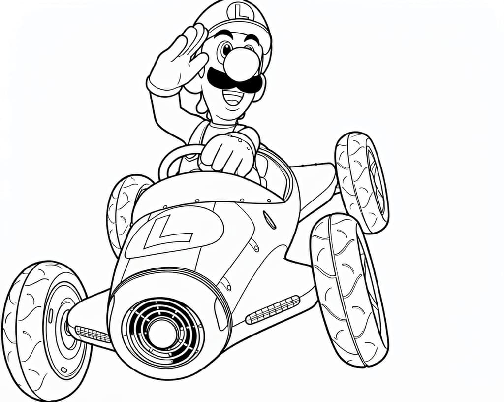 Luigi im Rennkart – kostenlose Mario Kart Malvorlage zum Ausdrucken