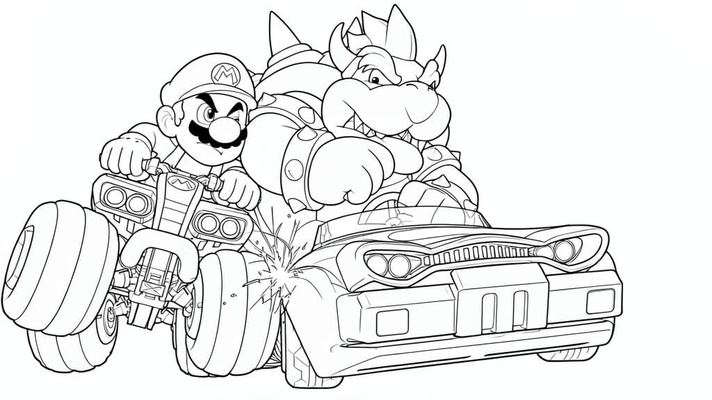 Mario gegen Bowser – kostenlose Mario Kart Malvorlage zum Ausdrucken