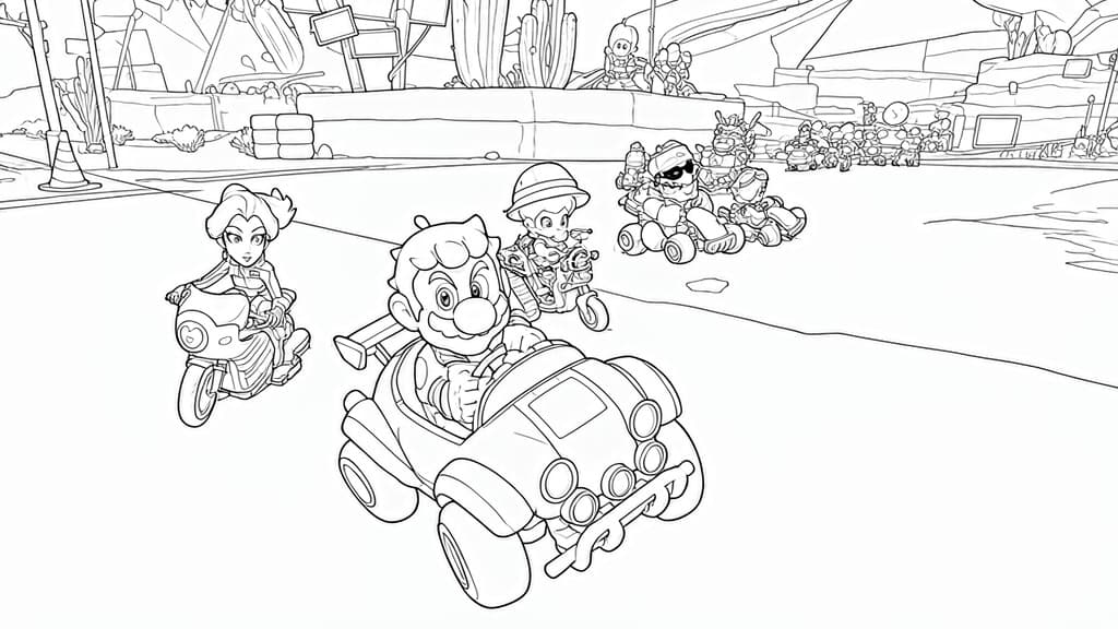 Mario Kart mit Freunden – kostenlose Mario Kart Malvorlage zum Ausdrucken