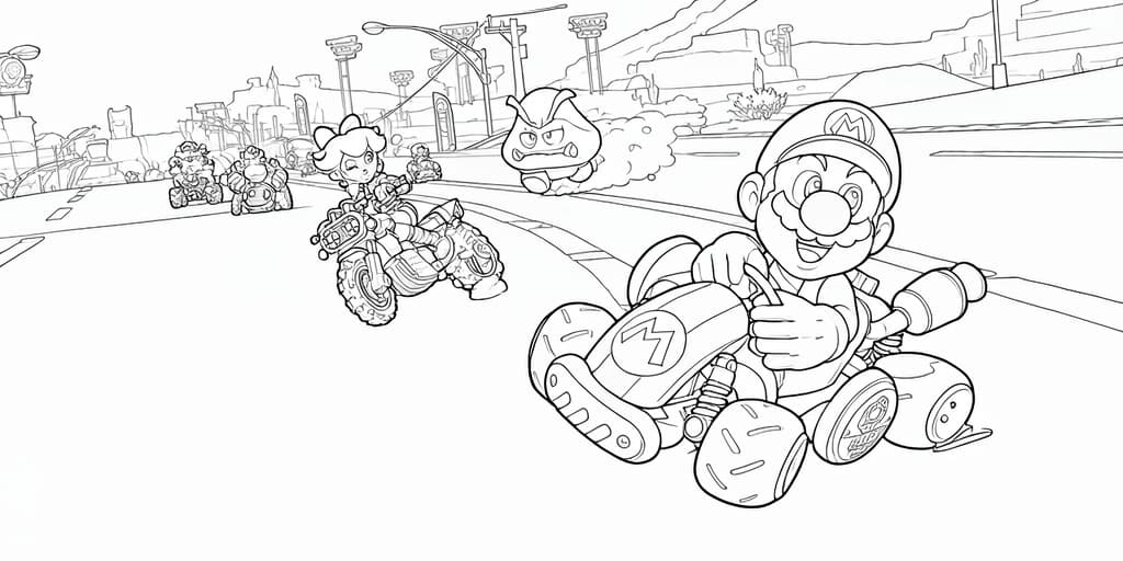 Mario Kart Rennen – kostenlose Mario Kart Malvorlage zum Ausdrucken
