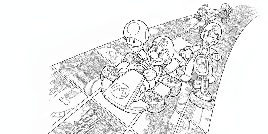 Mario Kart Rennen mit Freunden – kostenlose Mario Kart Malvorlage zum Ausdrucken