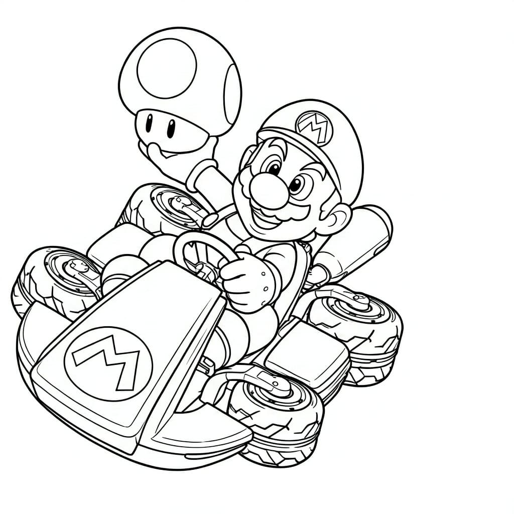 Mario mit Turbopilz – kostenlose Mario Kart Malvorlage zum Ausdrucken