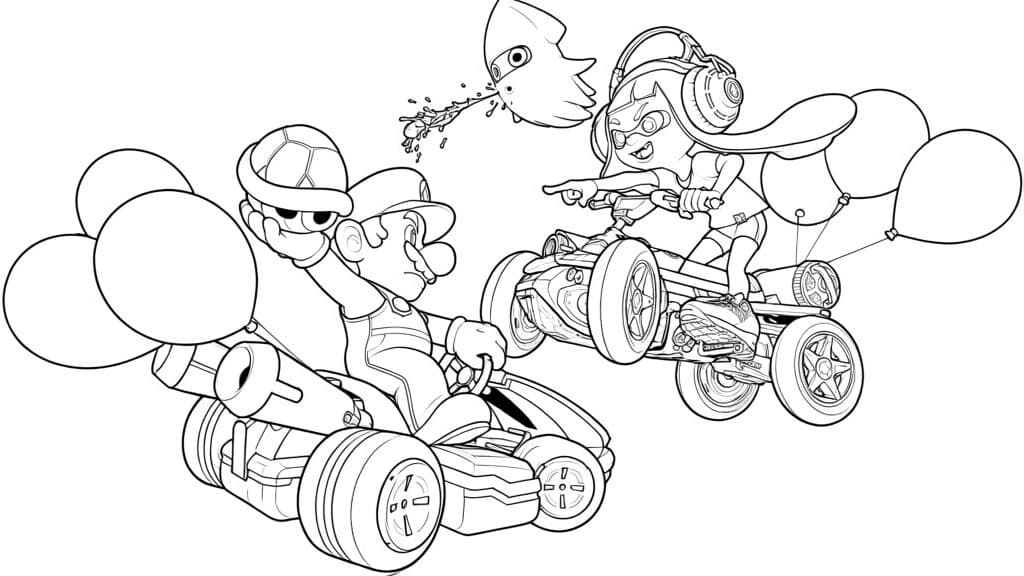 Mario und Inkling im Rennen – kostenlose Mario Kart Malvorlage zum Ausdrucken