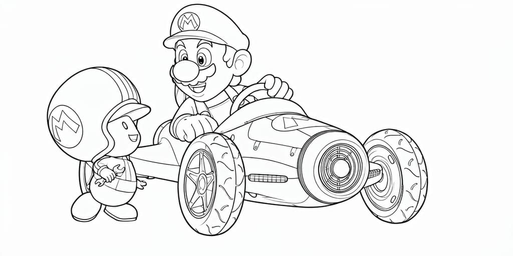Mario und Toad als Mechaniker – kostenlose Mario Kart Malvorlage zum Ausdrucken