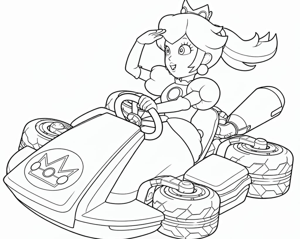 Prinzessin Peach im rosa Kart – kostenlose Mario Kart Malvorlage zum Ausdrucken
