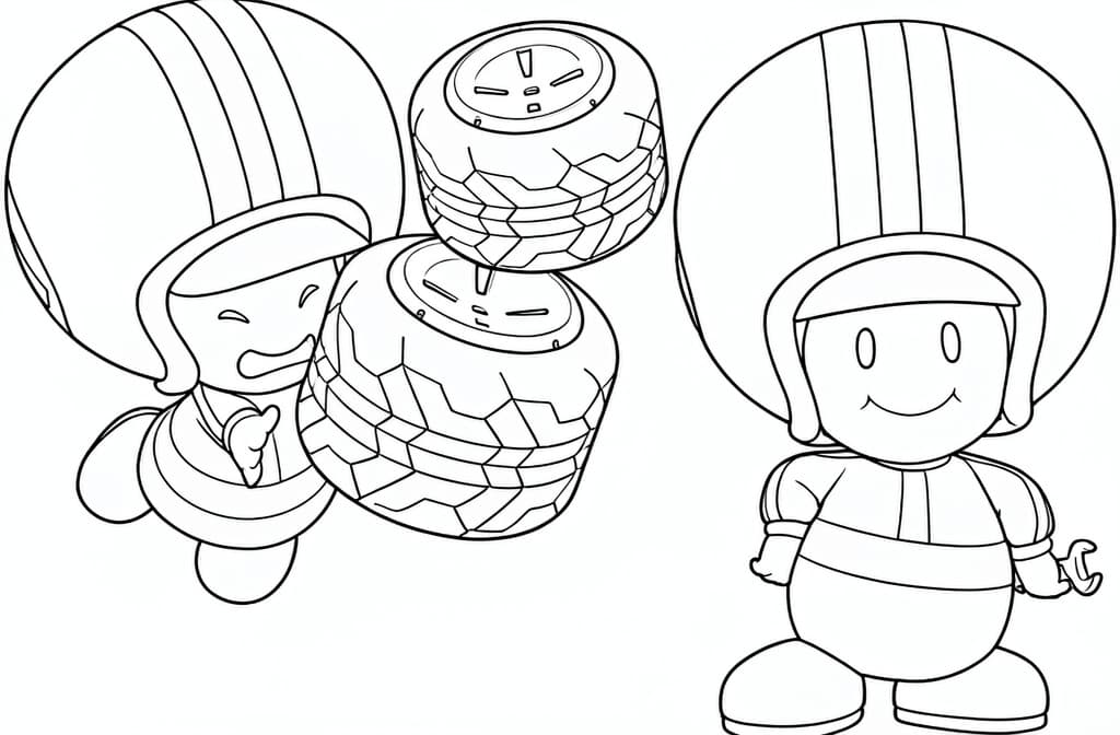 Toad als Mechaniker mit Reifen – kostenlose Mario Kart Malvorlage zum Ausdrucken