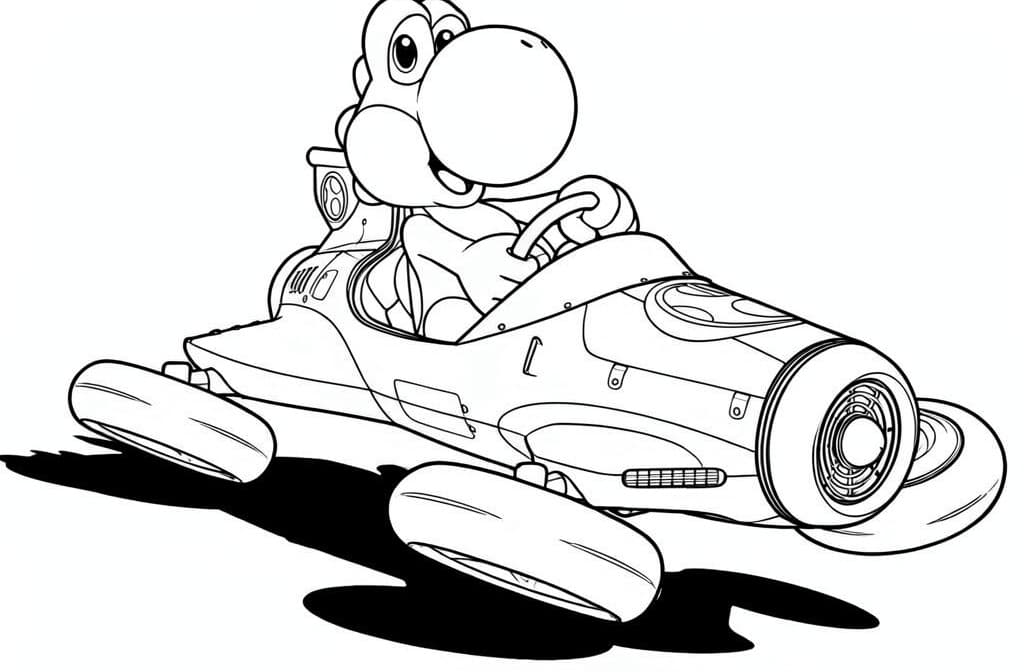 Yoshi im blauen Rennkart – kostenlose Mario Kart Malvorlage zum Ausdrucken