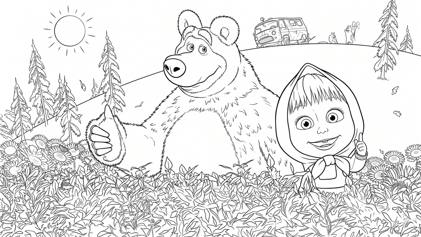 Mascha und Bär im Hof Ausmalbild