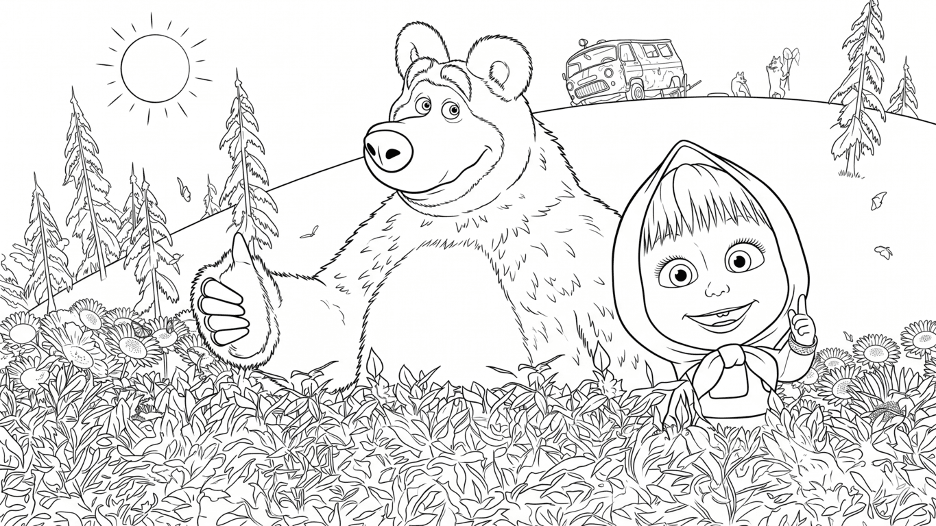 Mascha und der Bär im Garten Ausmalbild