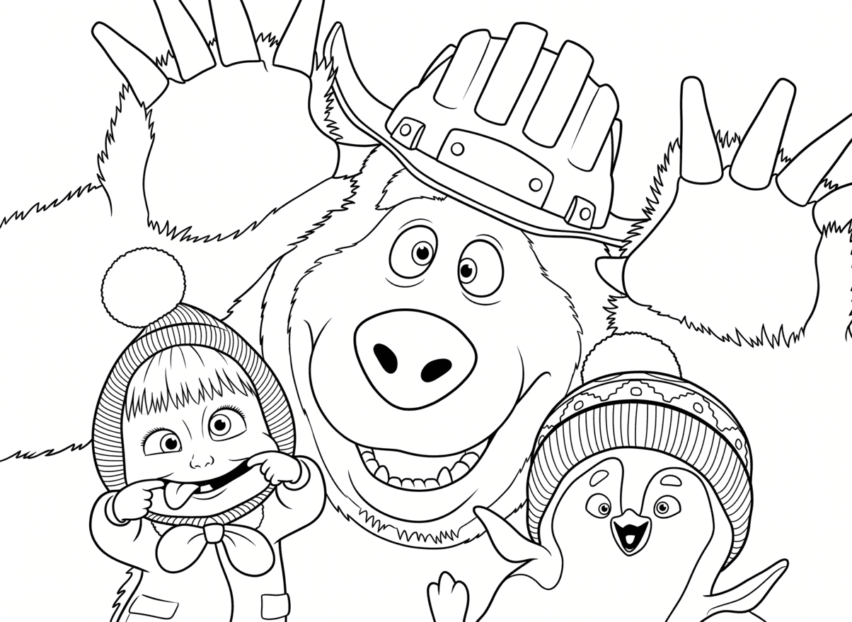 Mascha und der Bär machen Grimassen Ausmalbild