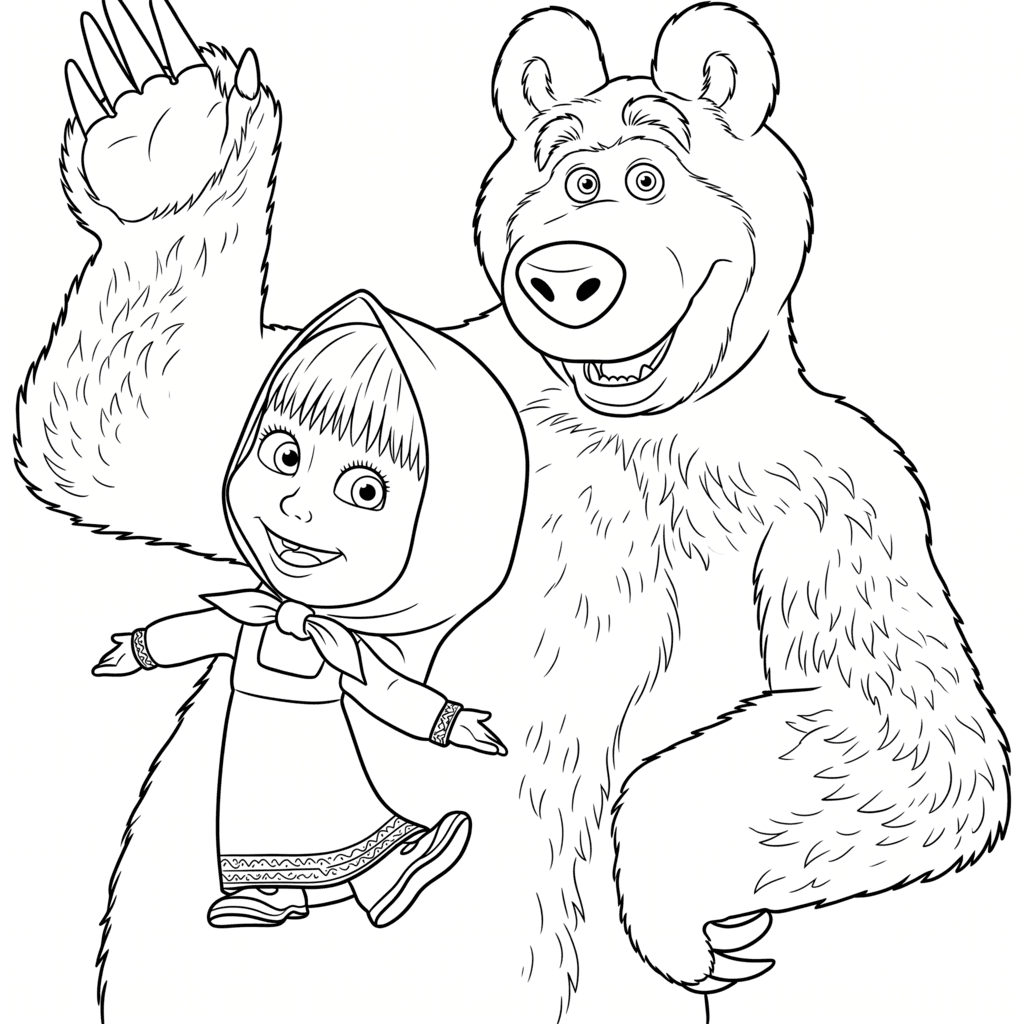 Mascha und der Bär winken Ausmalbild