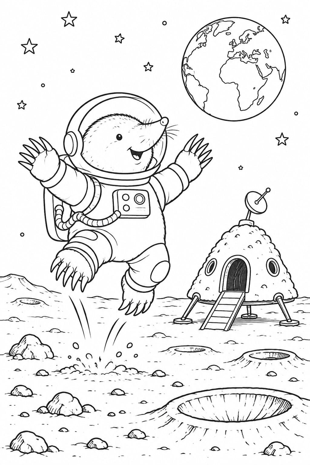 Astronauten Maulwurf auf dem Mond Ausmalbild
