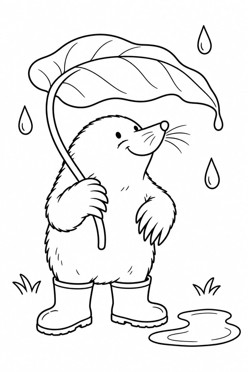 Maulwurf mit Blatt als Regenschirm Ausmalbild