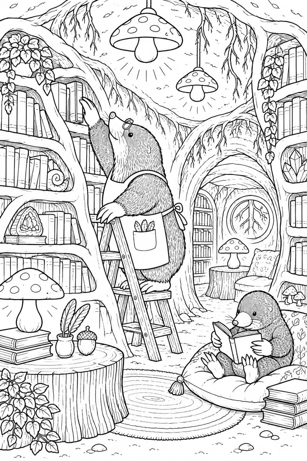 Maulwürfe in einer magischen unterirdischen Bibliothek Ausmalbild