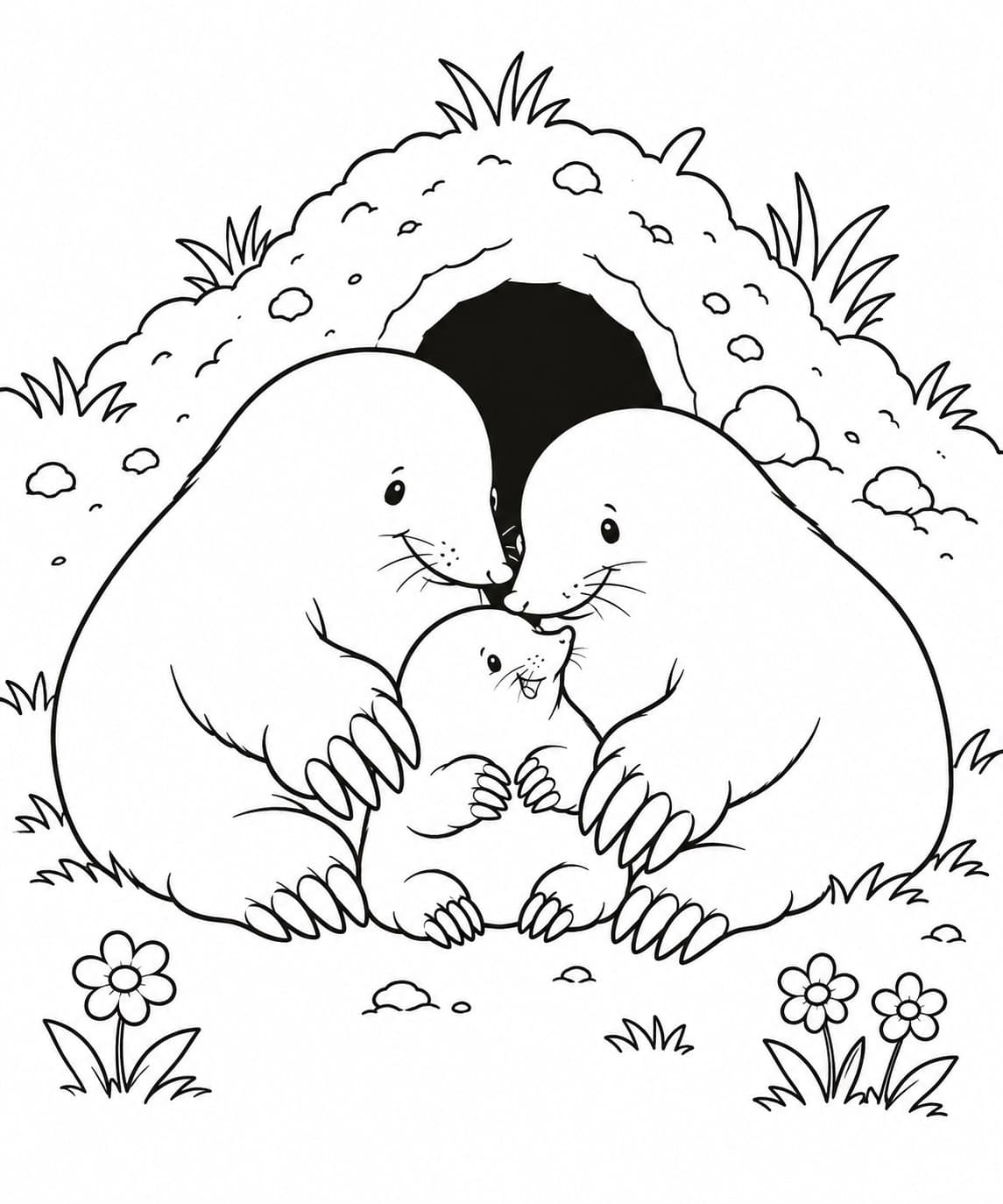 Liebevolle Maulwurffamilie Ausmalbild