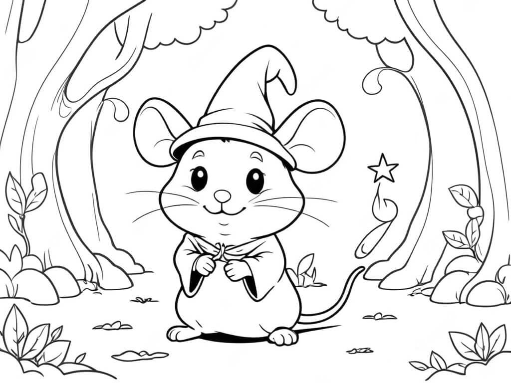 Zauberer Maus im Wald Ausmalbild