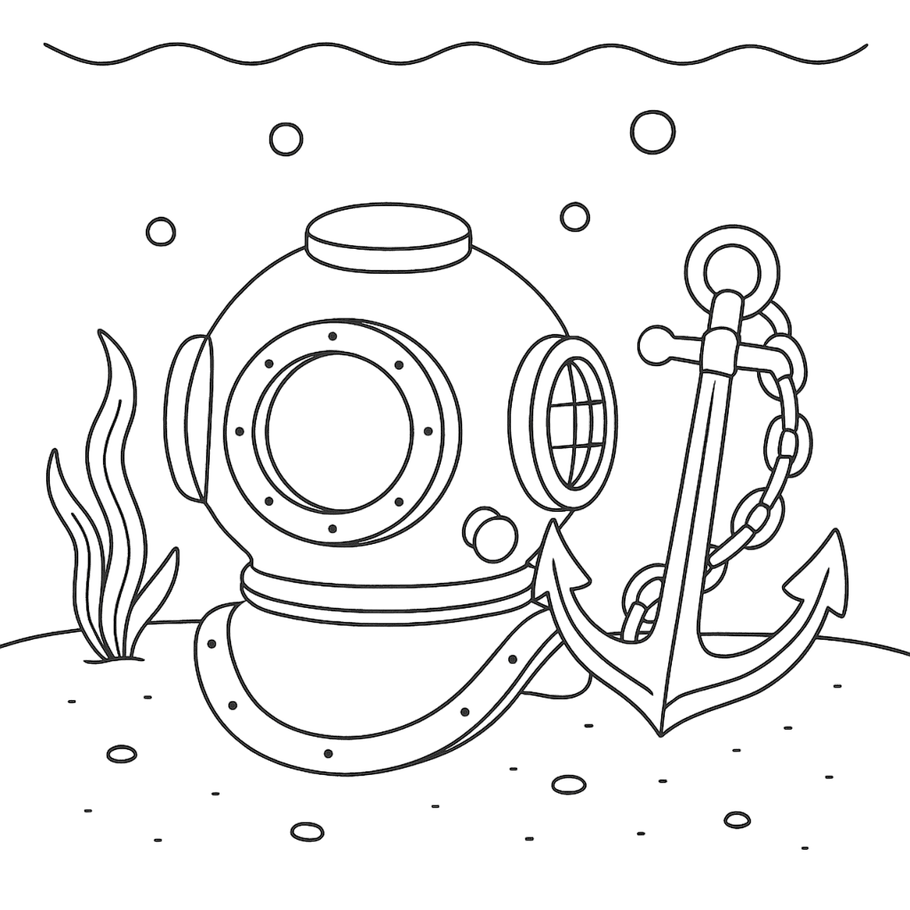 Anker und Helm am Meeresgrund Ausmalbild