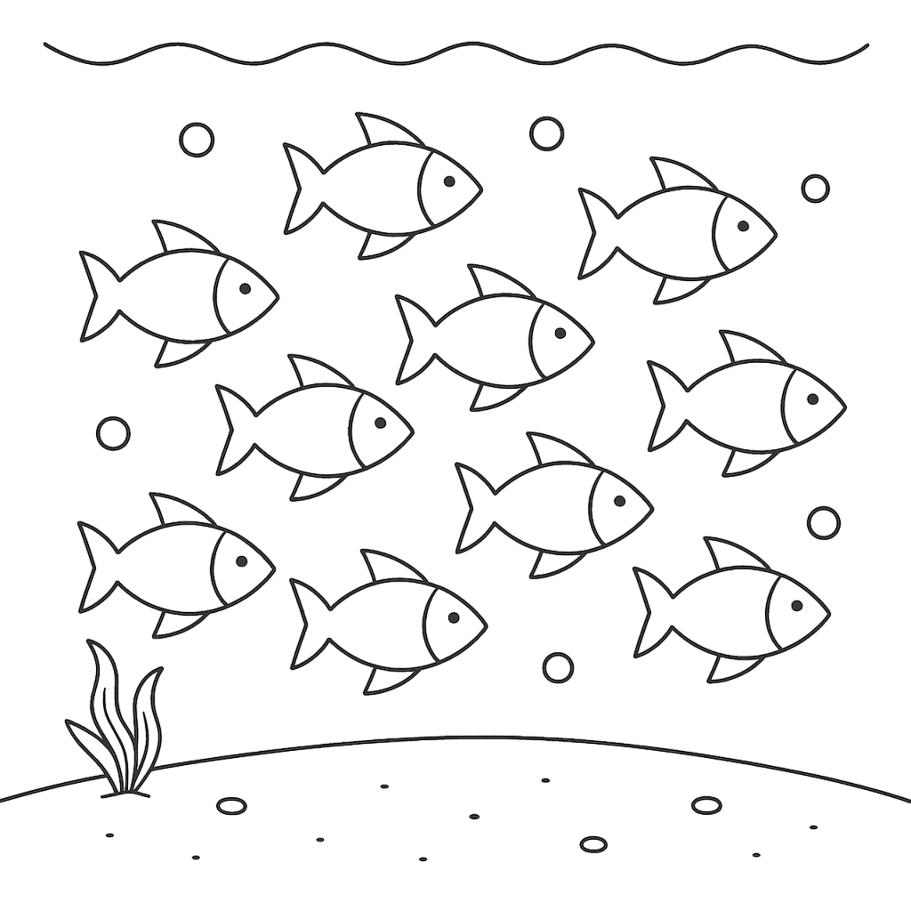 Fischschwarm am Meeresgrund Ausmalbild