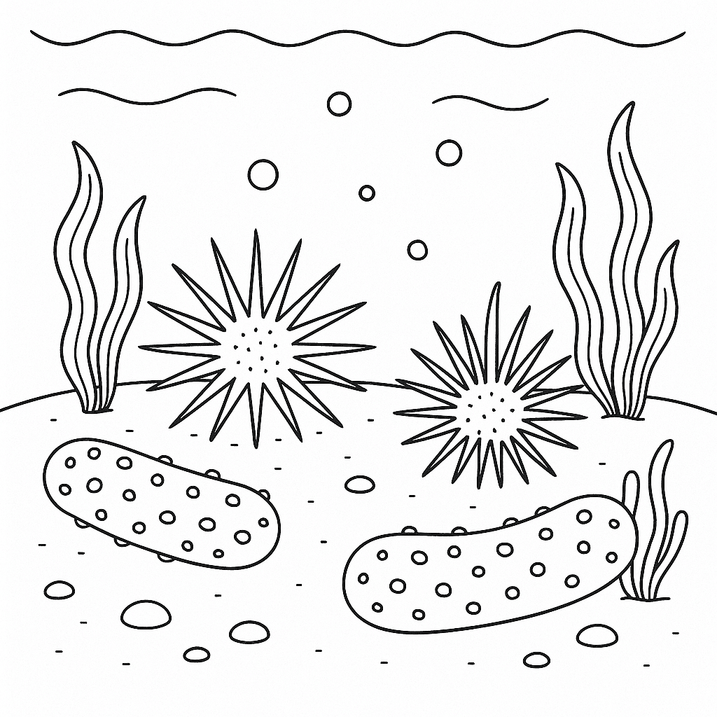 Seeigel und Seegurke am Meeresgrund Ausmalbild