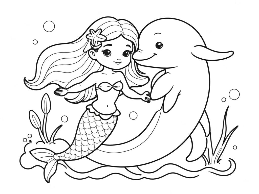 Meerjungfrau und Delfin zum Ausmalen