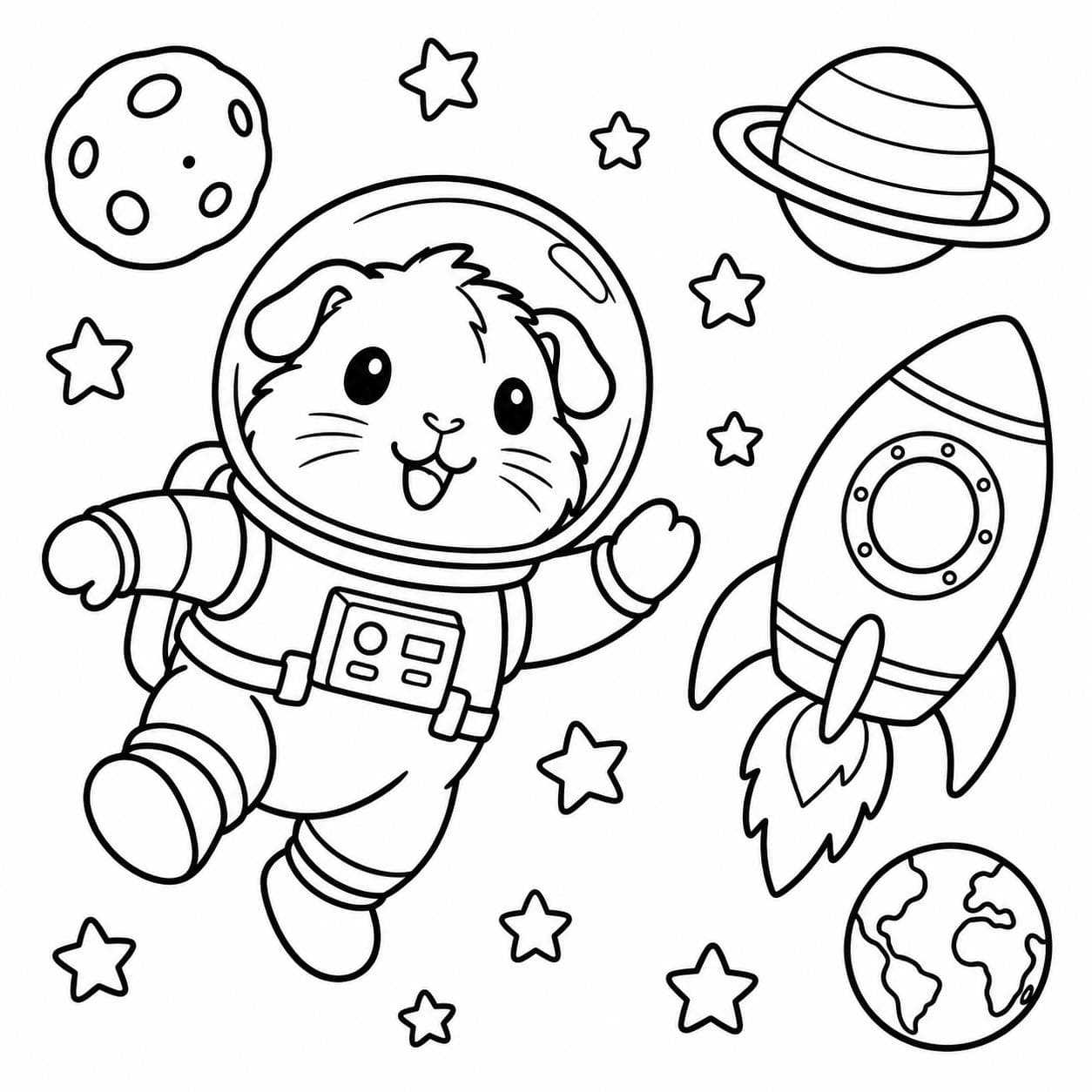 Astronauten Meerschweinchen im Weltall Ausmalbild