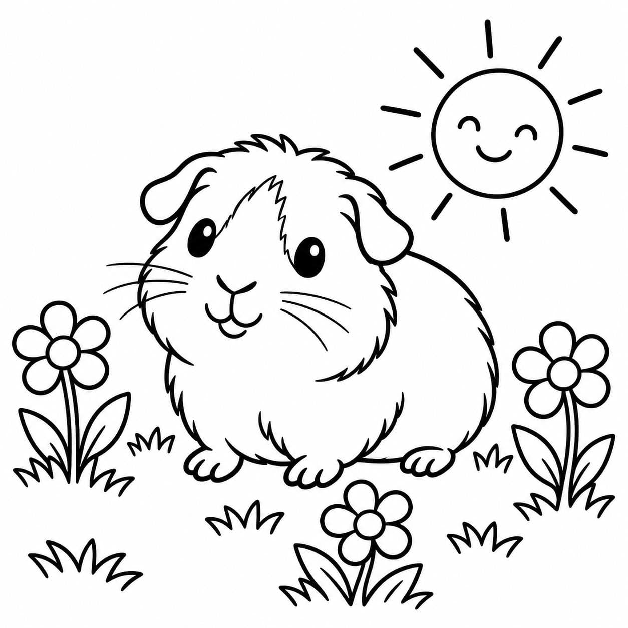 Meerschweinchen auf einer Blumenwiese Ausmalbild