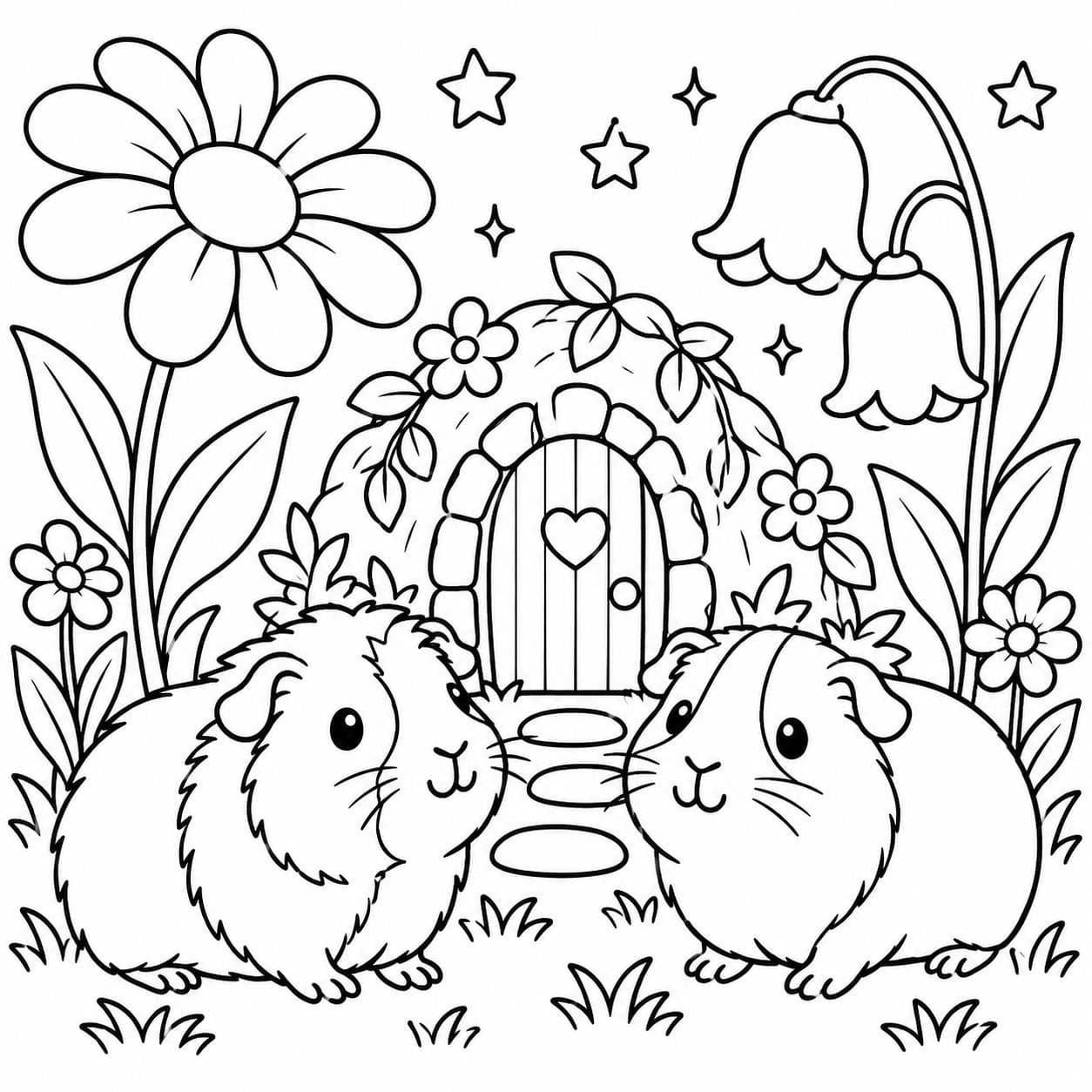 Meerschweinchen in einem magischen Garten Ausmalbild