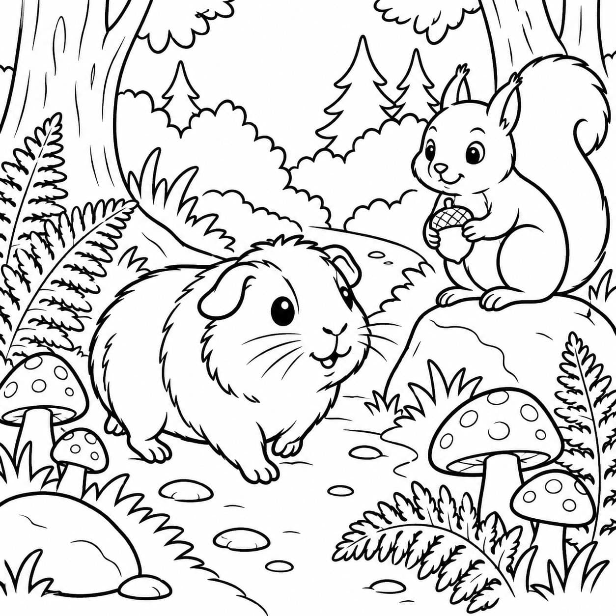 Meerschweinchen mit Eichhörnchen im Wald Ausmalbild