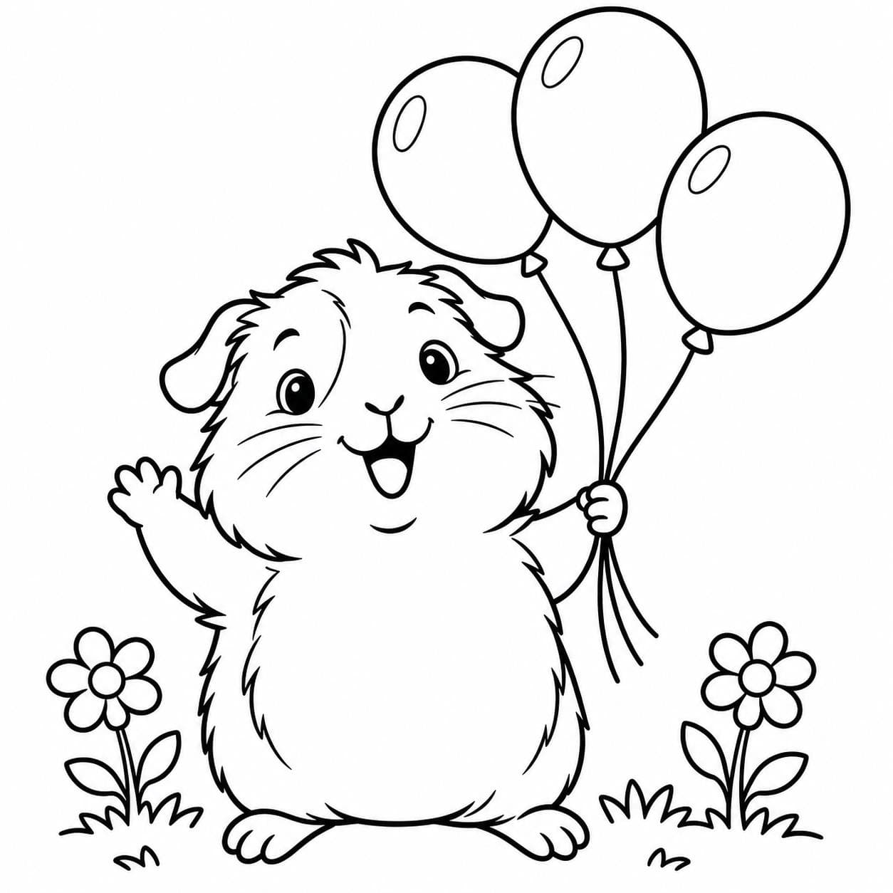 Meerschweinchen mit drei Luftballons Ausmalbild