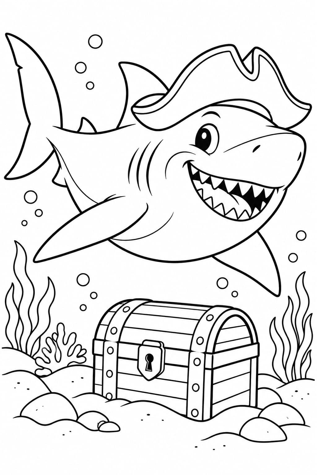 Megalodon mit Piratenhut über einer geschlossenen Schatztruhe