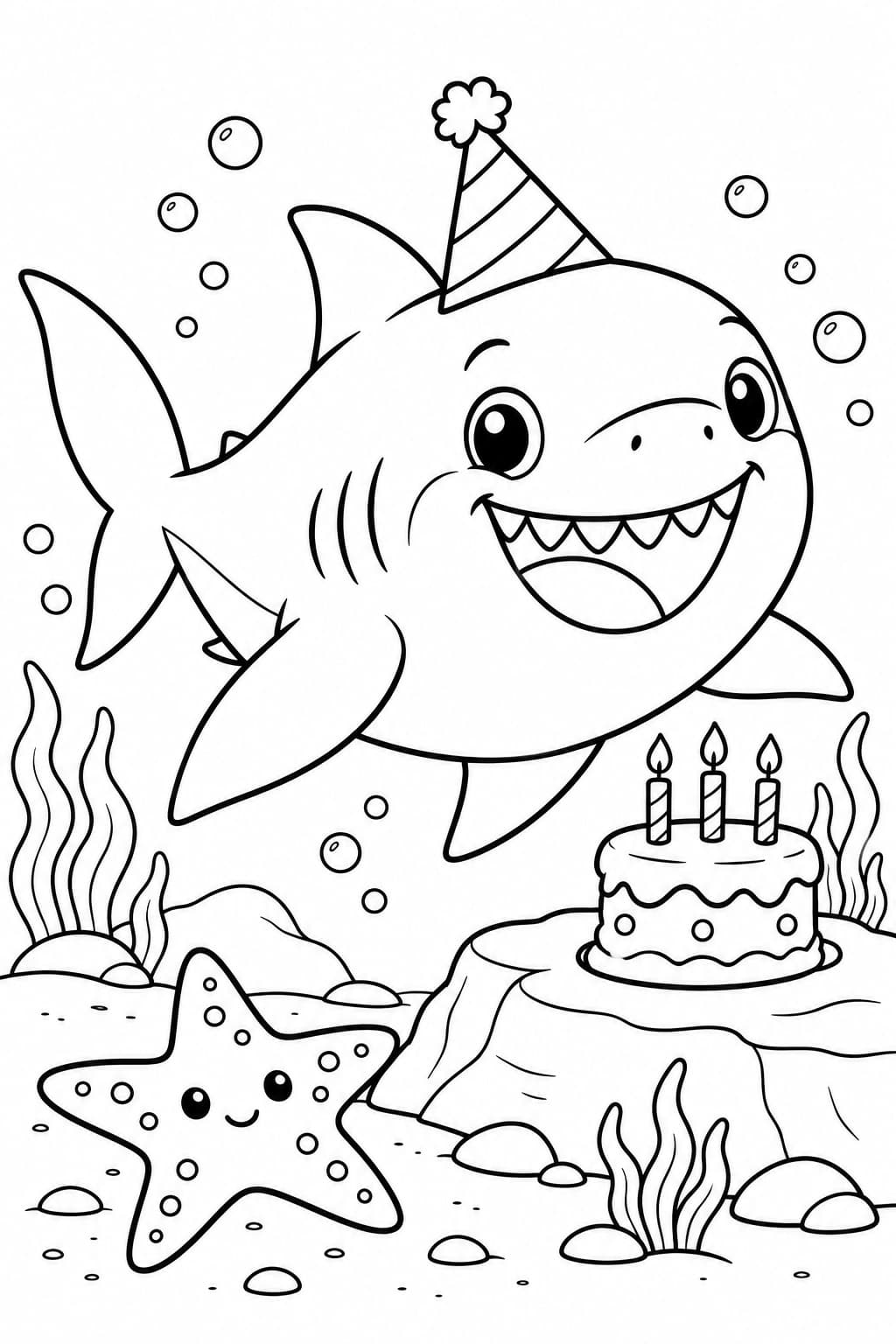 Megalodon mit Partyhut neben einem Geburtstagskuchen unter Wasser