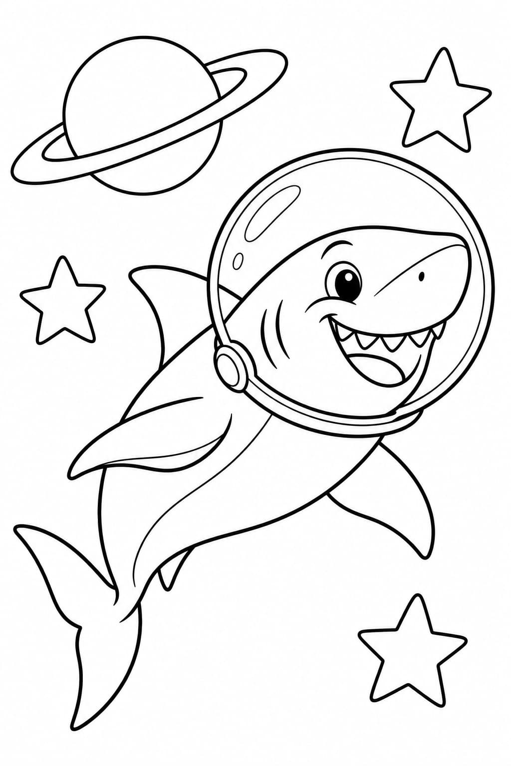 Fantasie-Megalodon mit Astronautenhelm neben Sternen und einem Ringplaneten