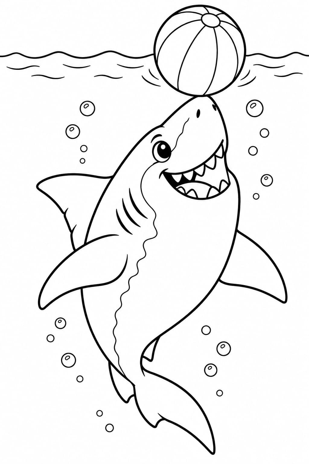 Fröhlicher Megalodon balanciert einen gestreiften Wasserball auf seiner Nase