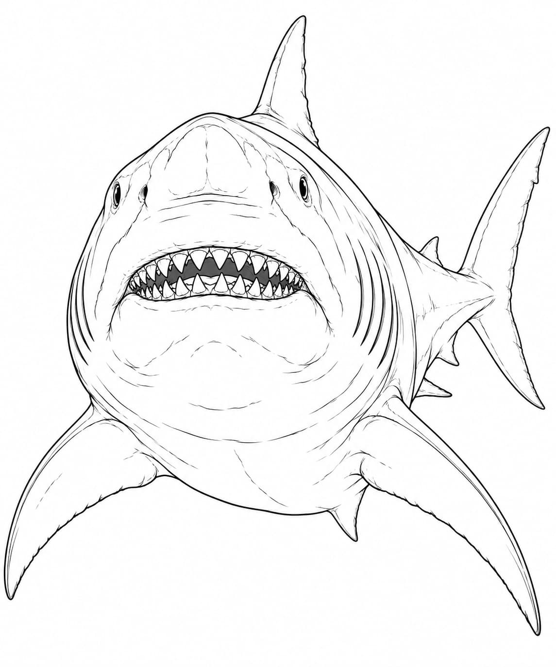 Realistischer Megalodon von vorn mit breitem Kopf und sichtbaren dreieckigen Zähnen