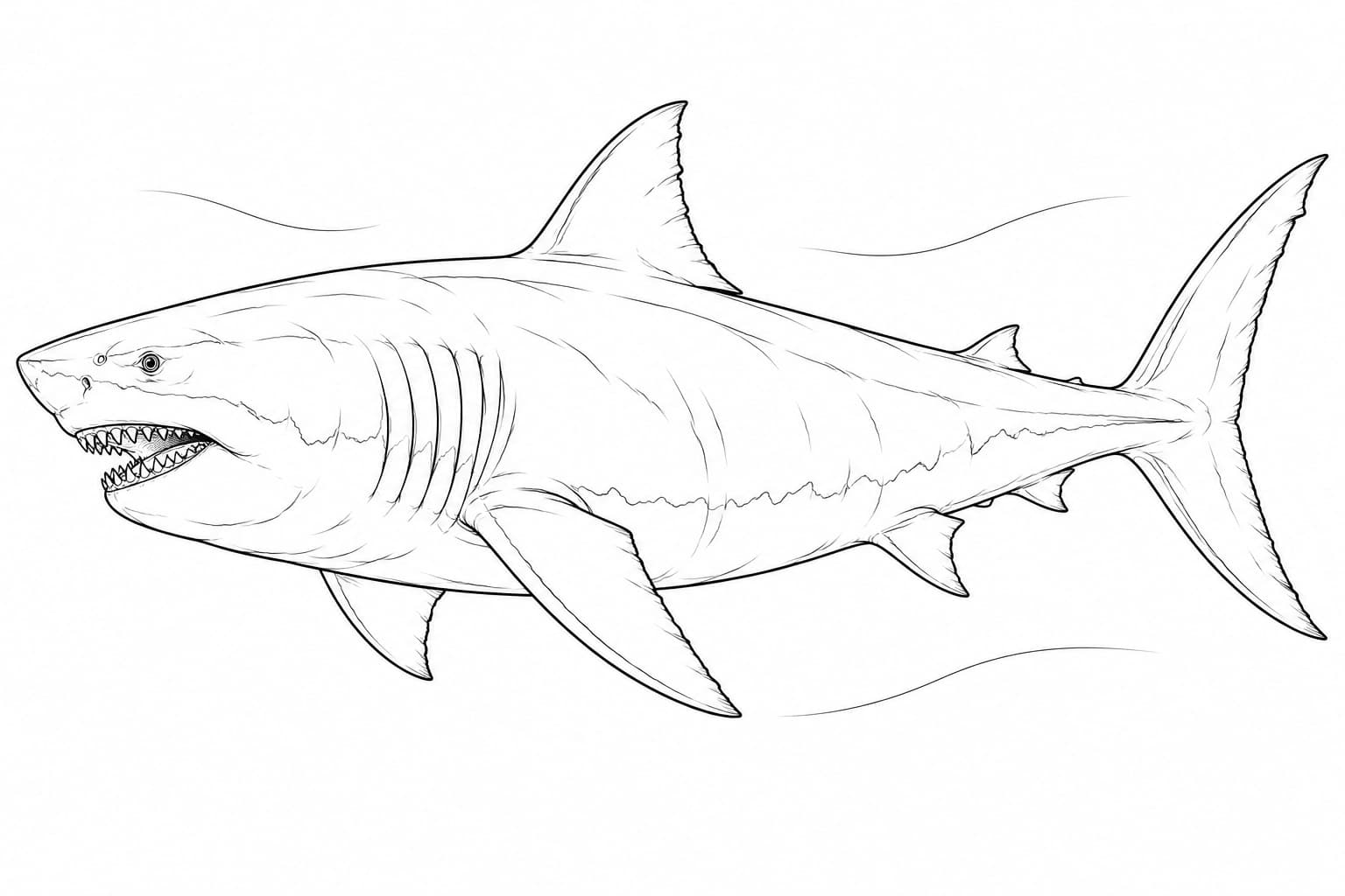 Realistischer Megalodon mit kräftigem Körper in Seitenansicht als Schwarz-Weiß-Malvorlage