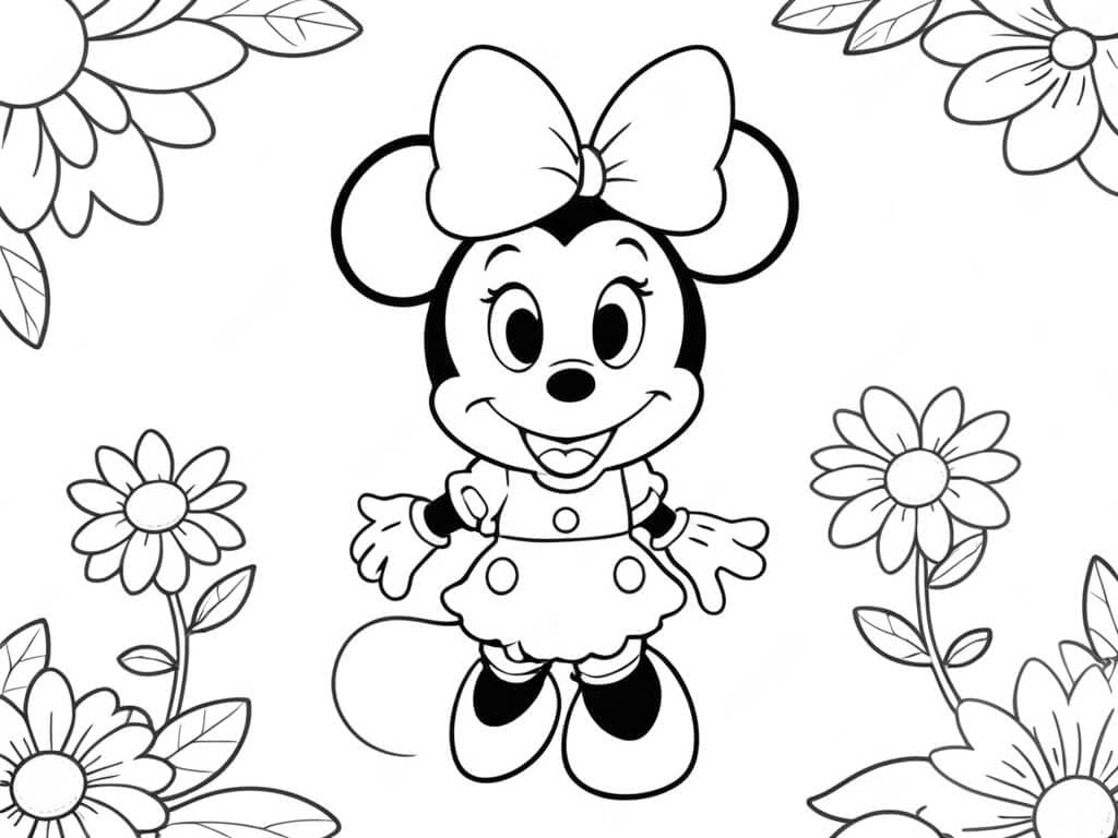 Minnie Maus im Blumenfeld Ausmalbild