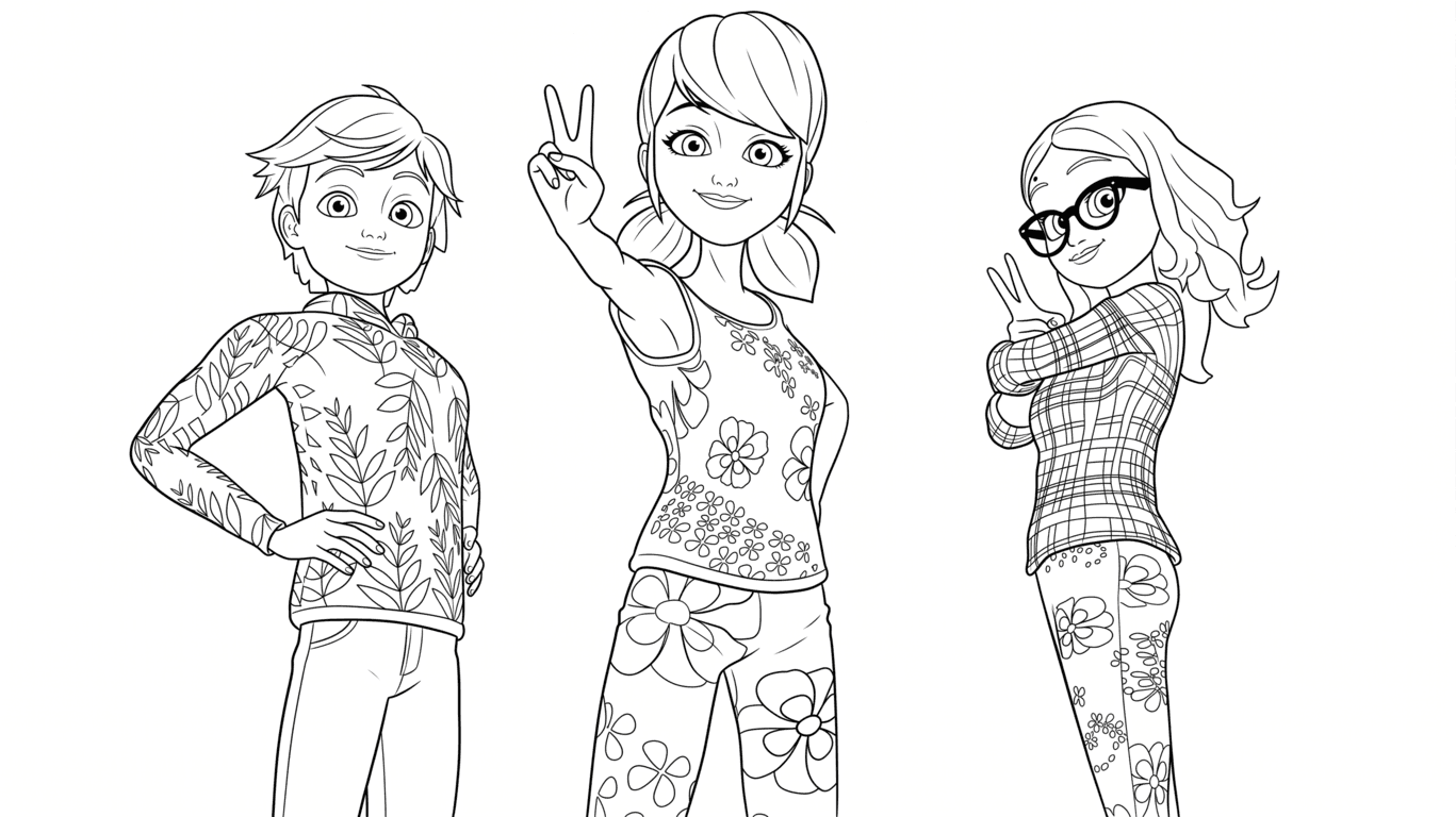 Adrien, Marinette und Alya Ausmalbild