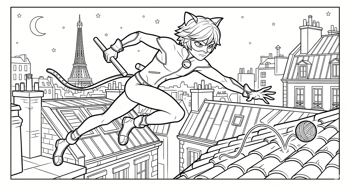 Cat Noir mit Wollknäuel Ausmalbild