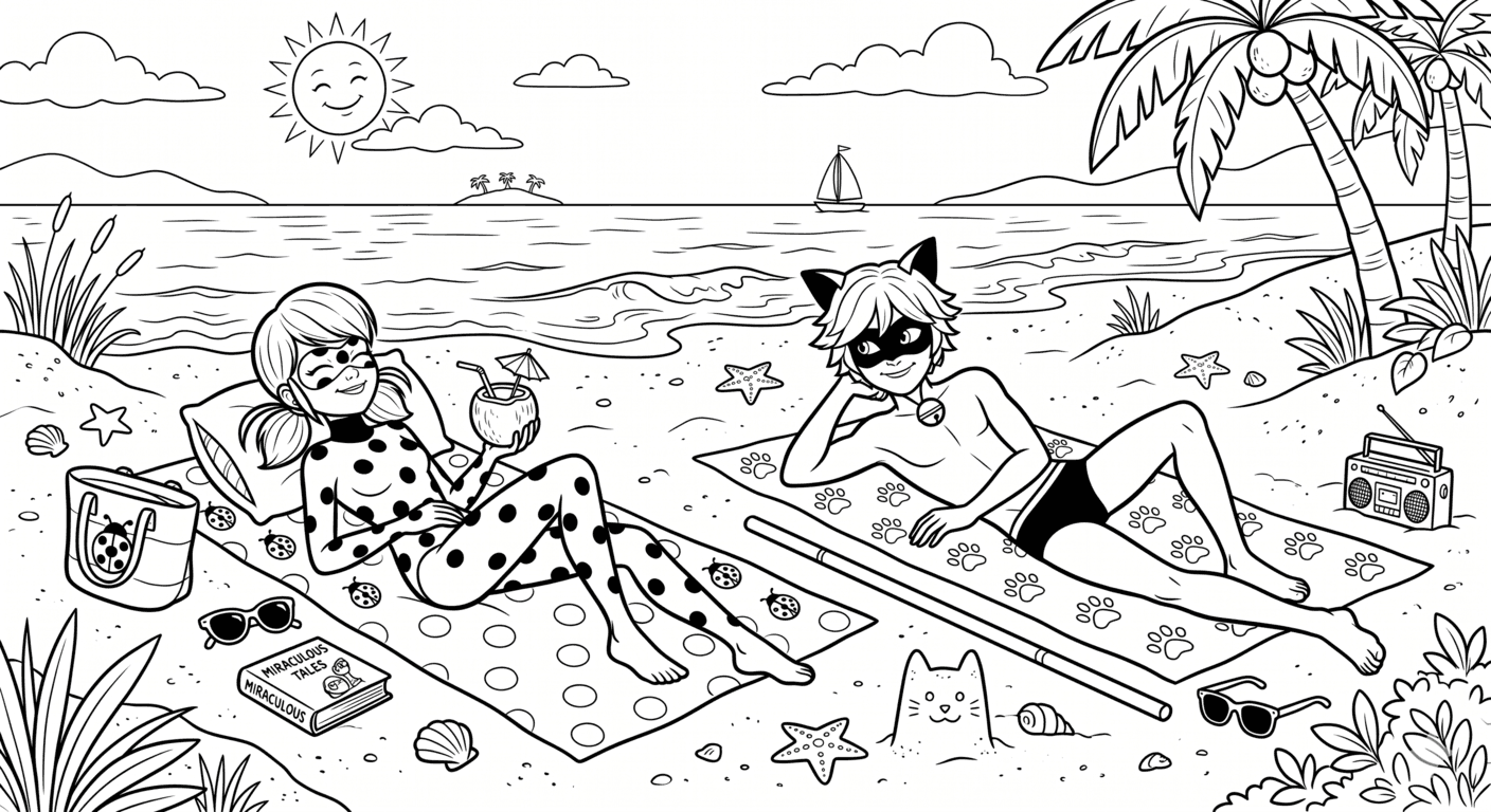 Ladybug und Cat Noir am Strand Ausmalbild