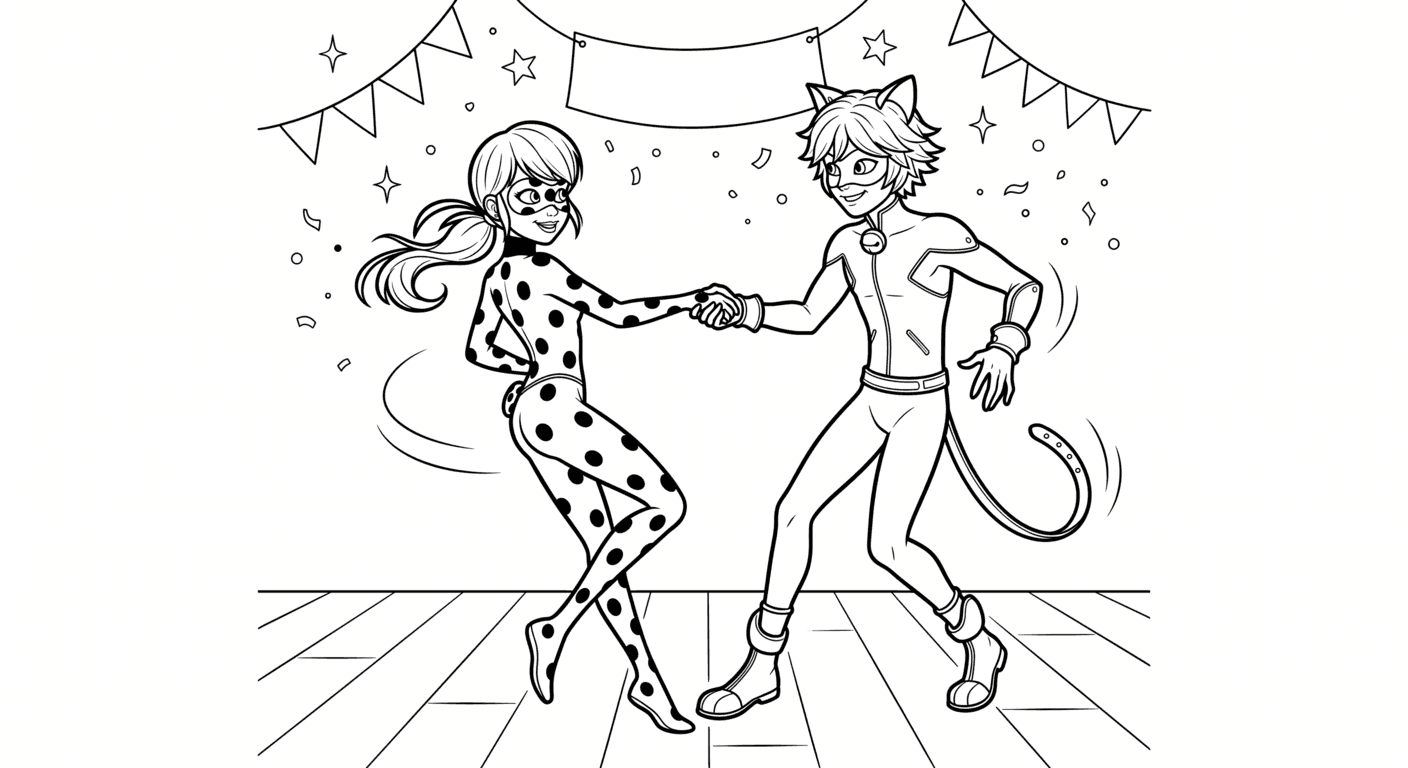 Ladybug und Cat Noir tanzend Ausmalbild