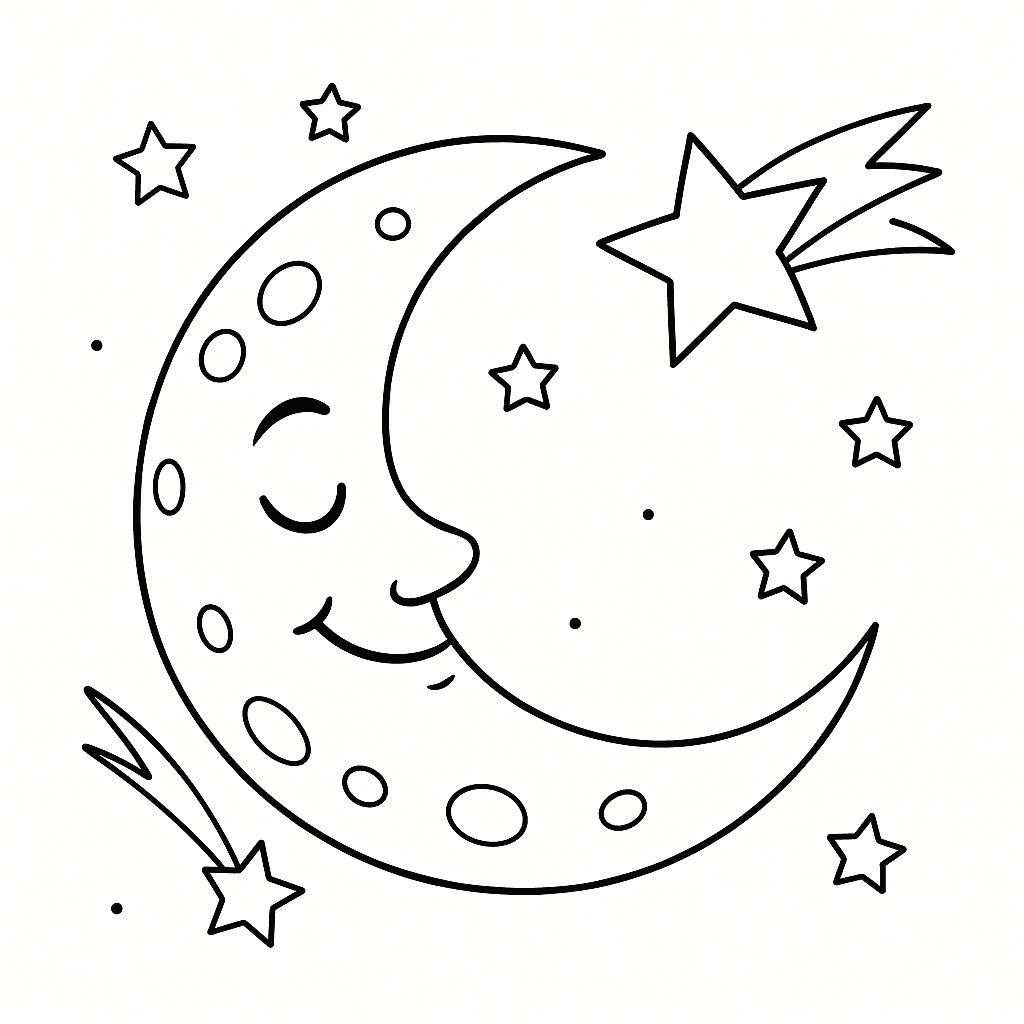 Mond mit Sternschnuppe Ausmalbild