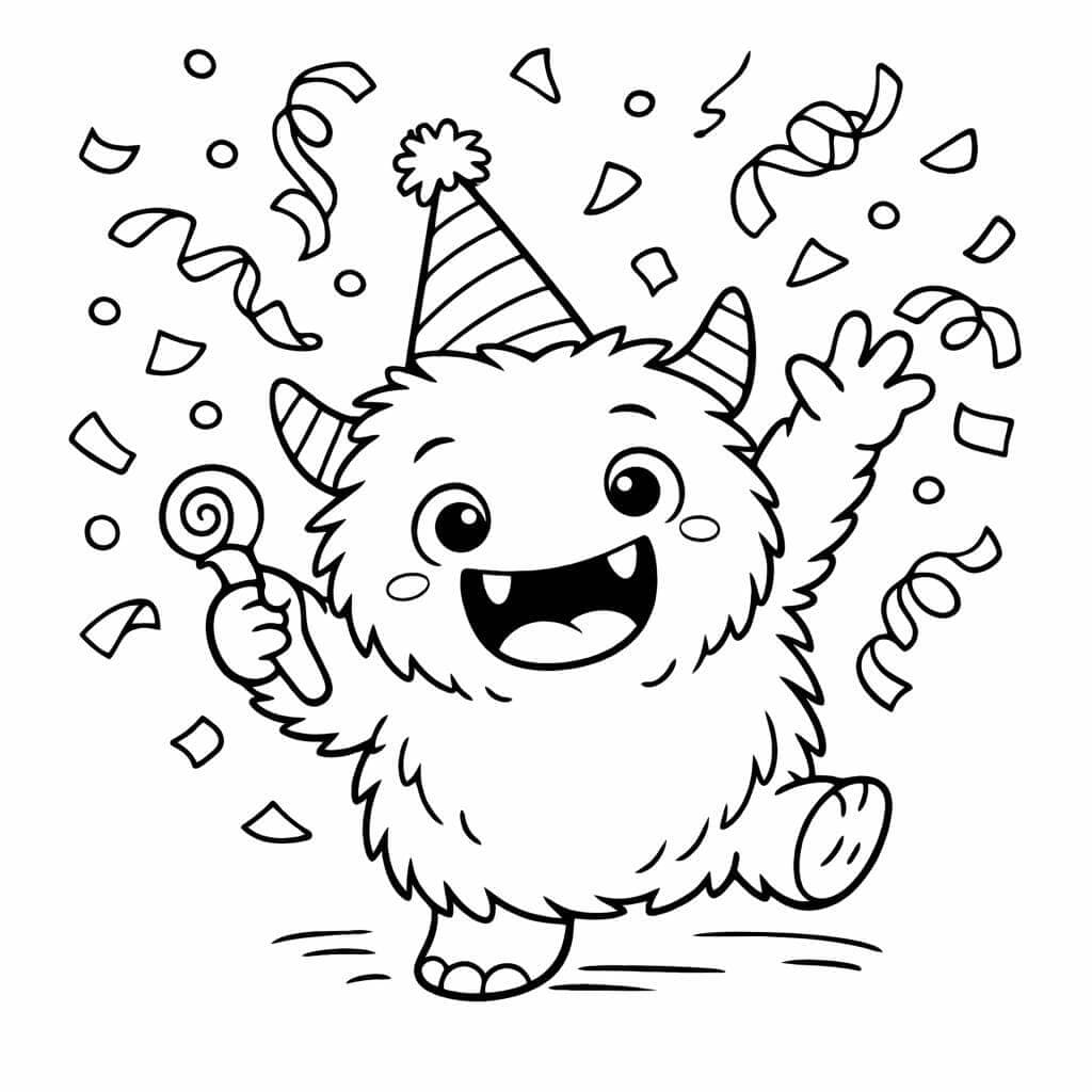 Festliches Monster mit Konfetti Ausmalbild