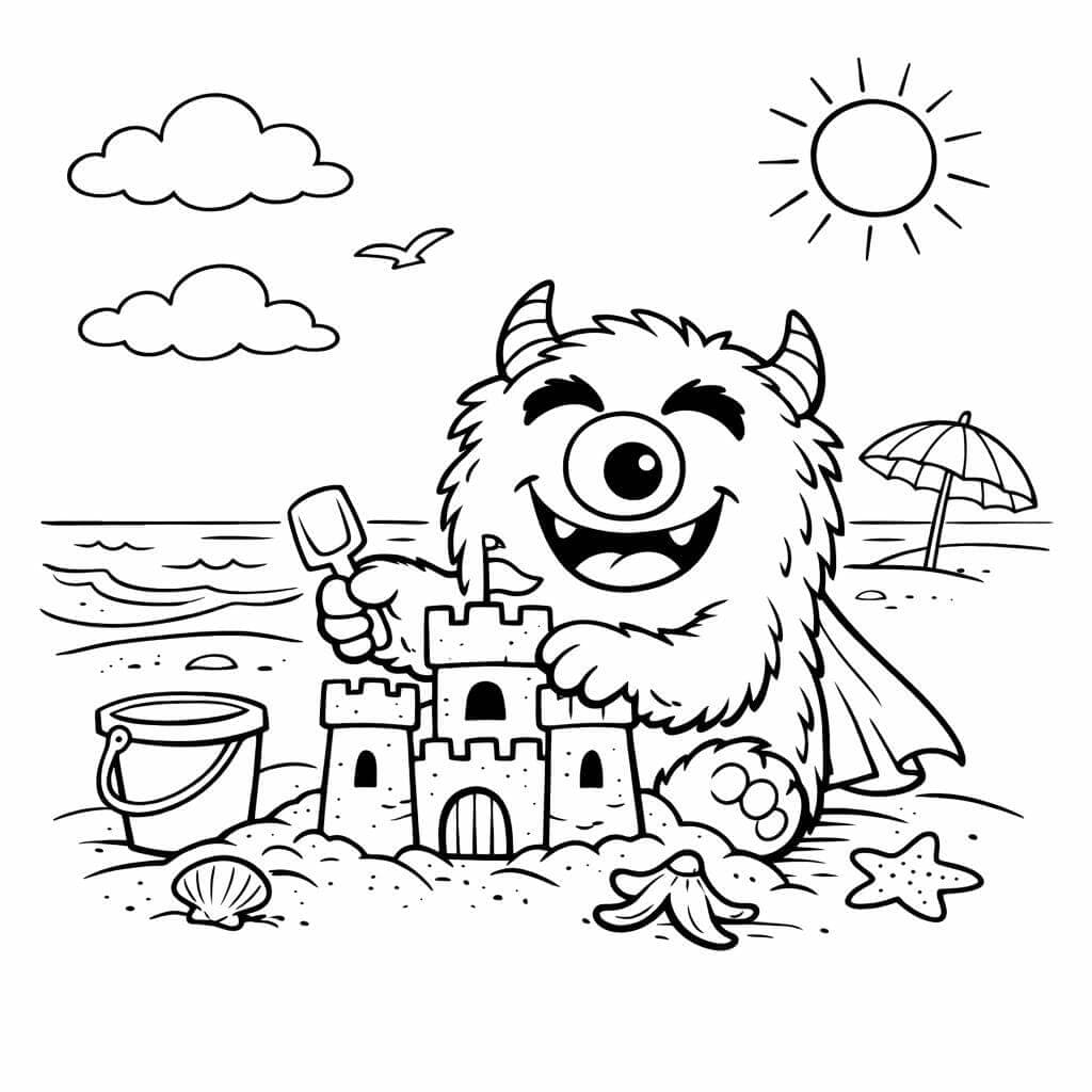 Monster baut Sandburg Ausmalbild