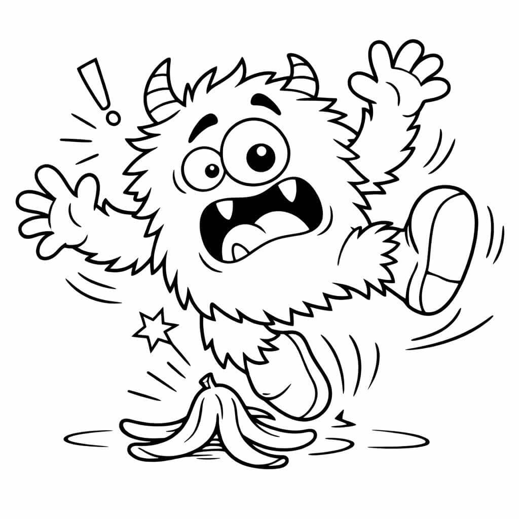 Monster rutscht auf Bananenschale Ausmalbild