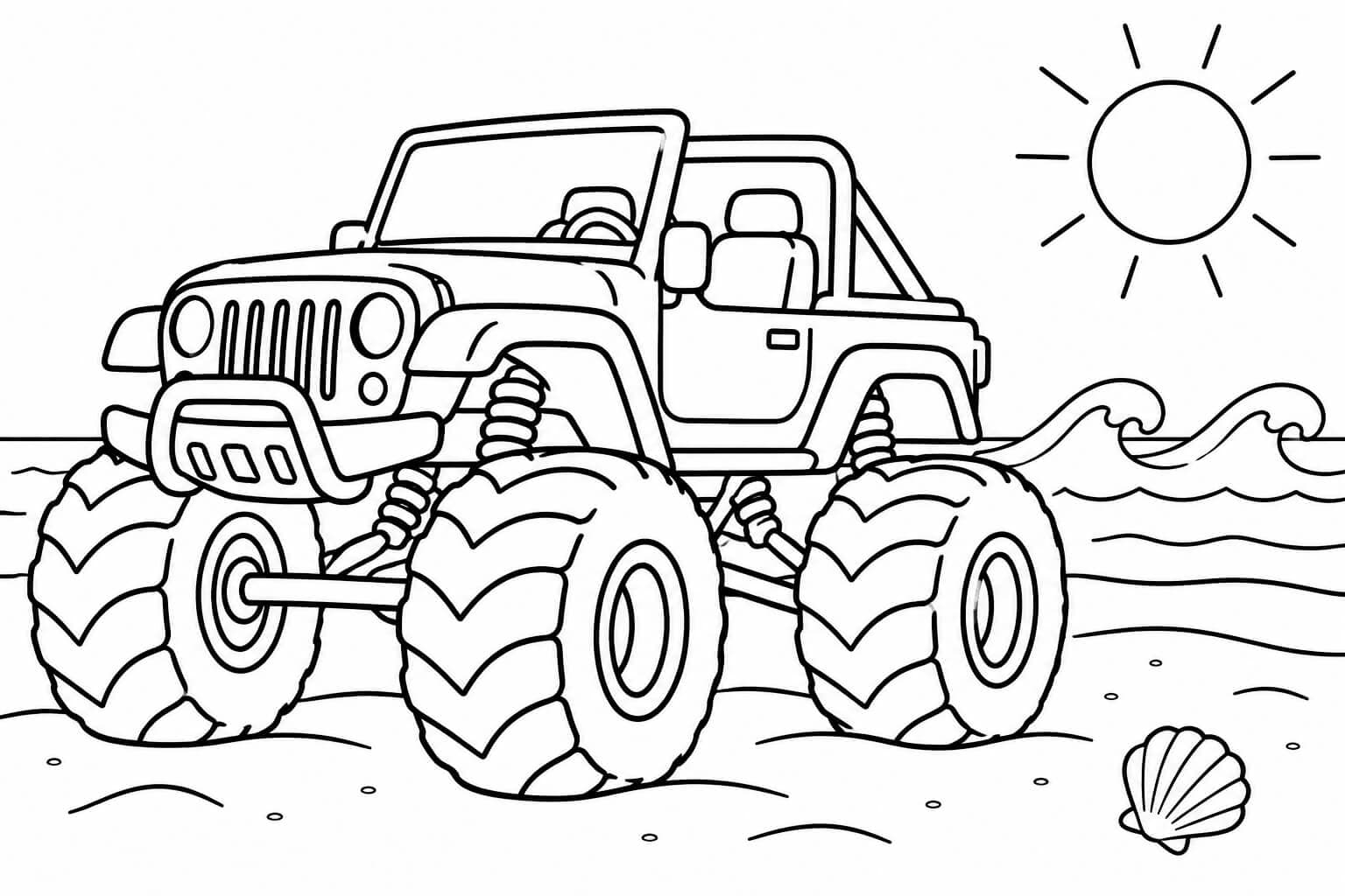 Monstertruck am Strand – Ausmalbild in Schwarz-Weiß