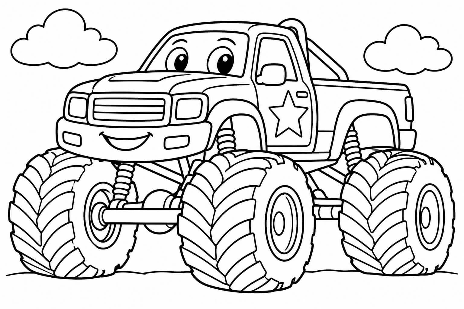 Monstertruck mit riesigen Reifen – Ausmalbild in Schwarz-Weiß
