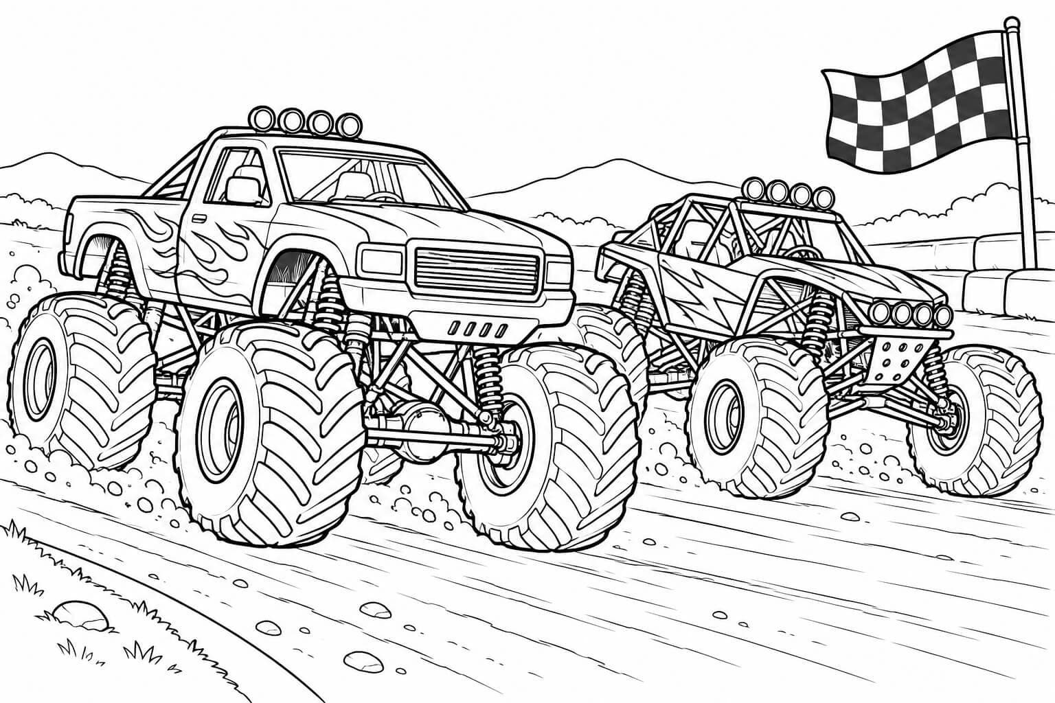 Zwei Monstertrucks beim Rennen – Ausmalbild in Schwarz-Weiß